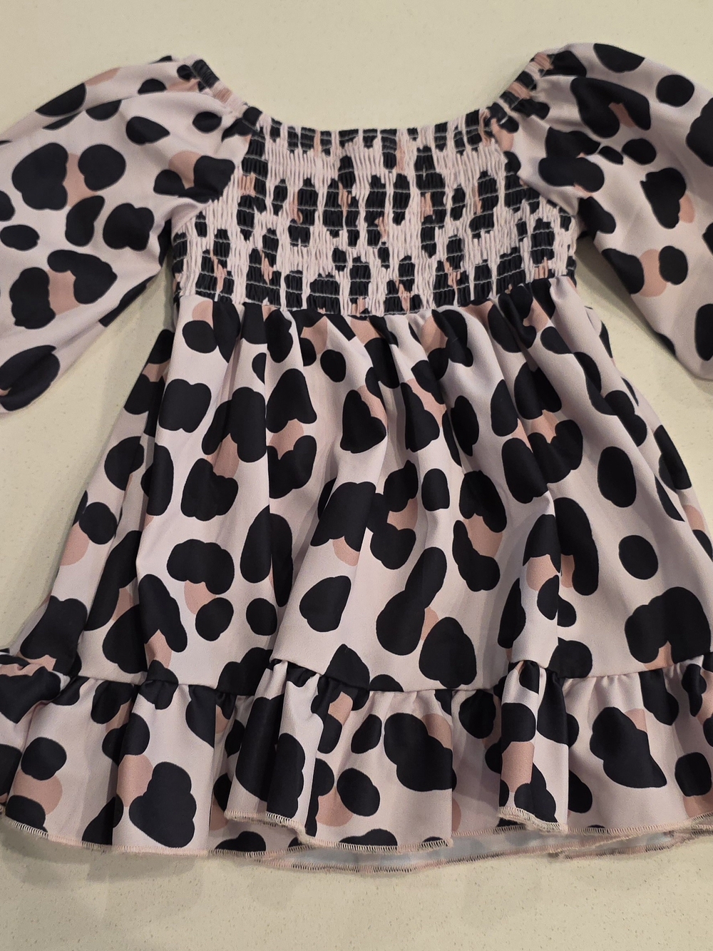 Girls' Smocked Pink Animal-Print Formal Dress with Puff Sleeves